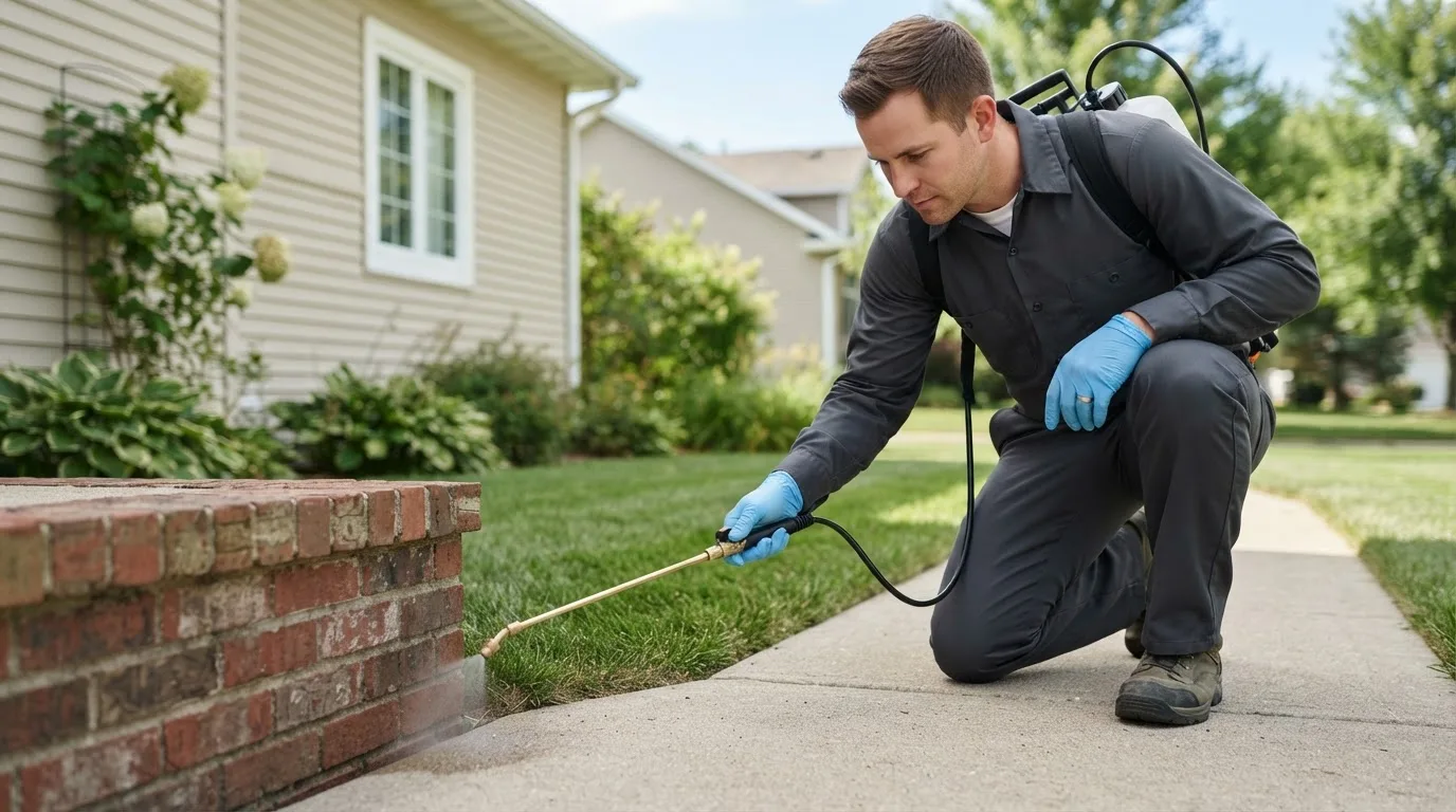 Pest control technician treating a home near Whiteville, NC